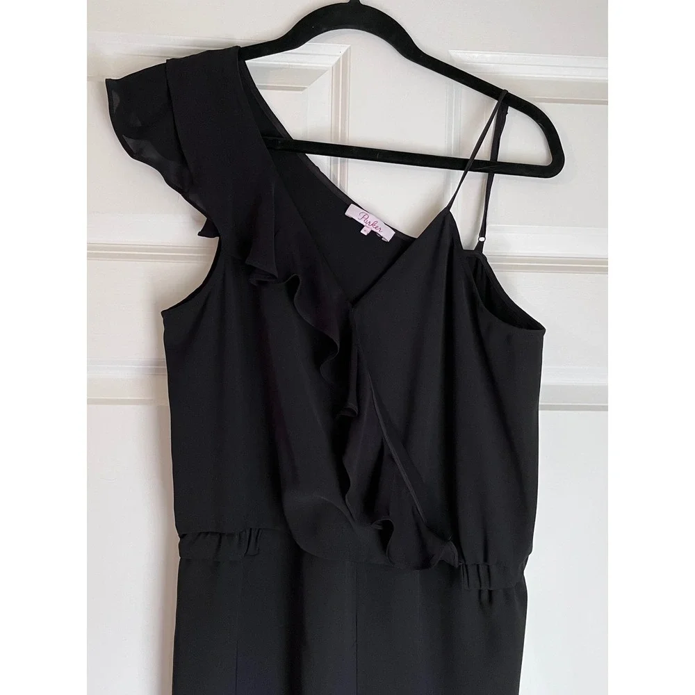 Parker Addison Black Asymmetrical‎ Ruffle Jumpsuit Silk Blend Size 6